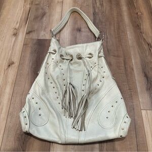 Bulga Ivory Gold leather hobo bag with stud and tassel ASO Jessica Simpson